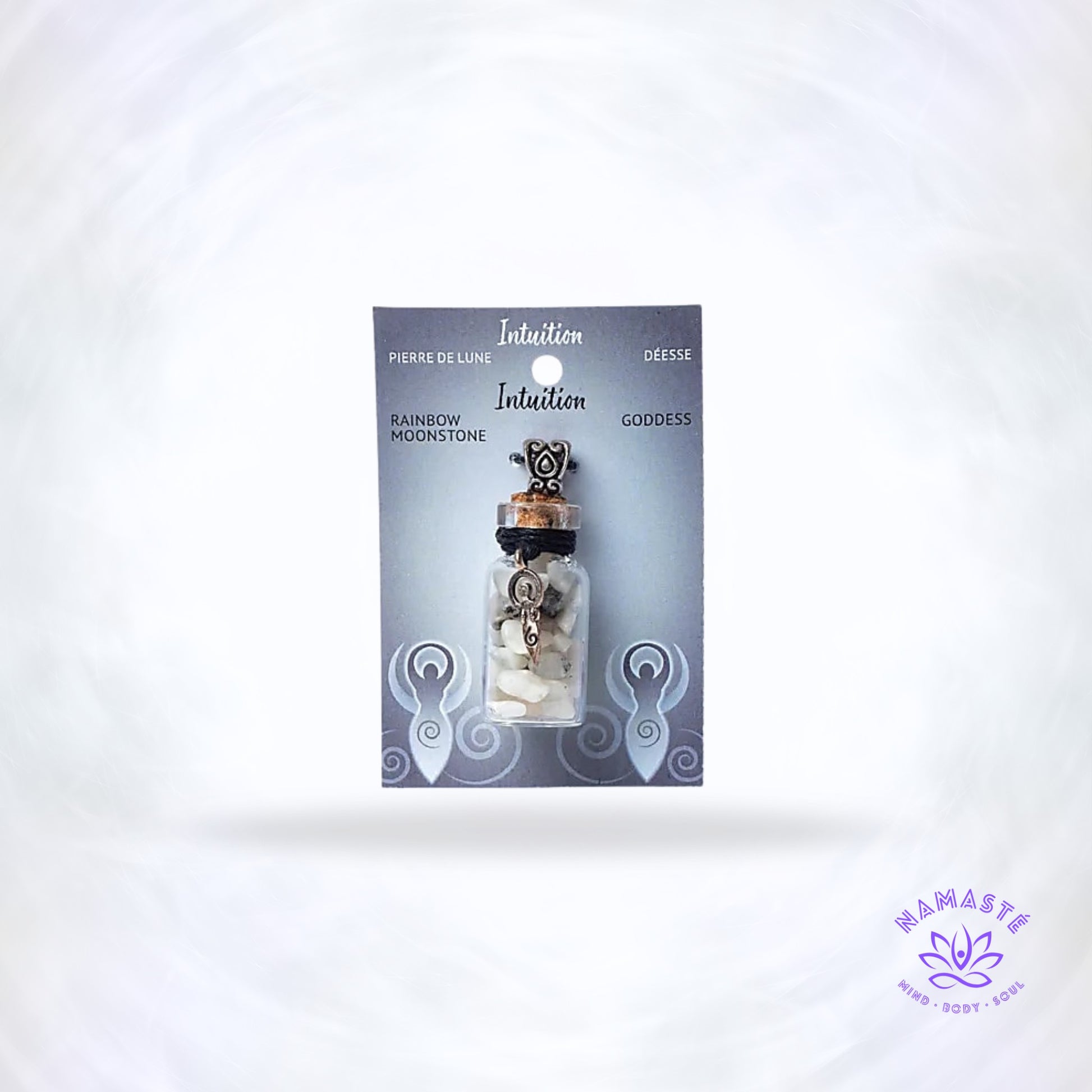 Geschenkflesje met regenboog maansteen en godinnensymbool – sieraad dat vrouwelijke energie, intuïtie en emotionele harmonie versterkt.