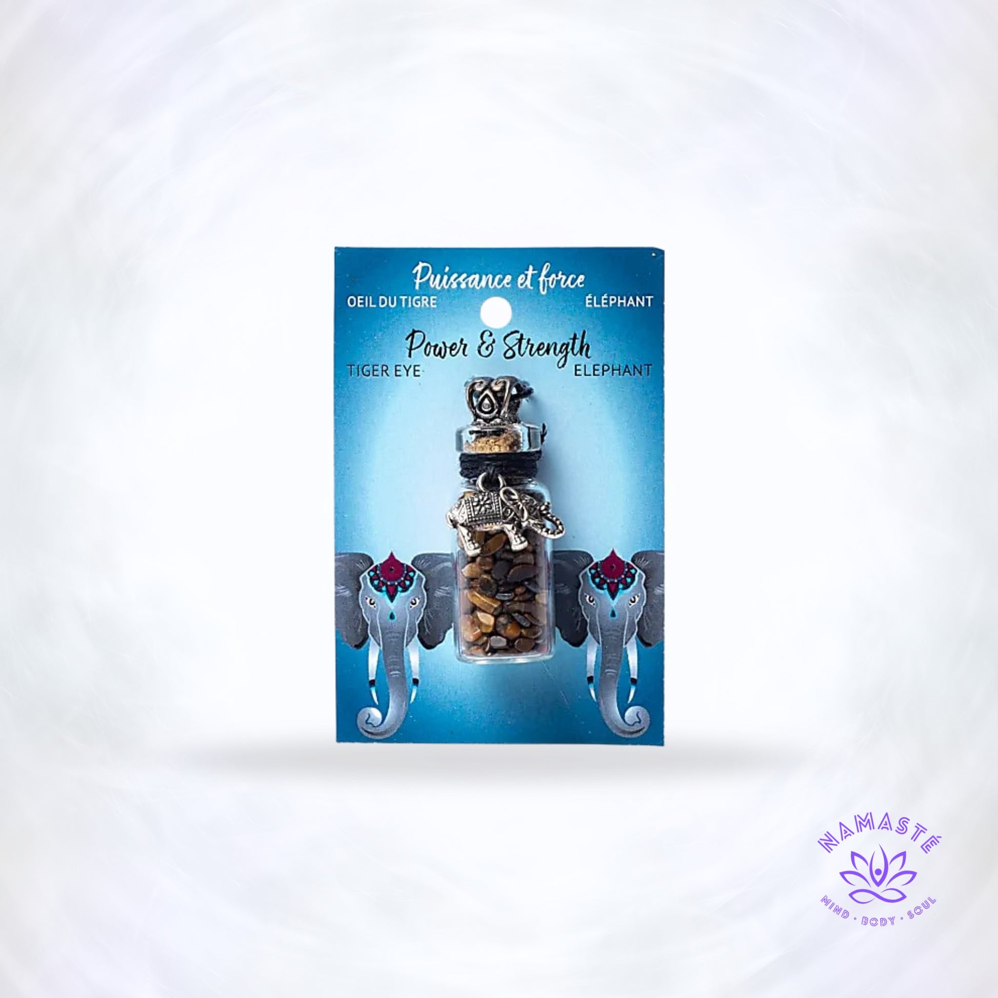 Geschenkflesje met tijgeroog en olifant – sieraad dat kracht, vitaliteit en bescherming symboliseert, met warme zonachtige energie.