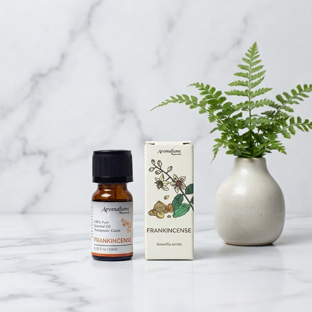 flesje en doosje frankincense etherische olie op een marmeren ondergrond met een plantje ernaast