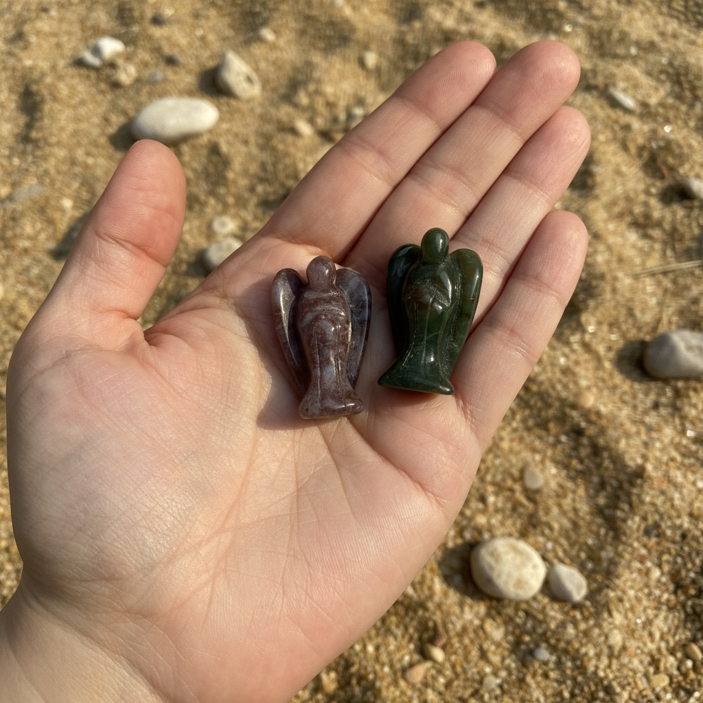 2 engelenbeeldjes in de hand op een zanderige achtergrond