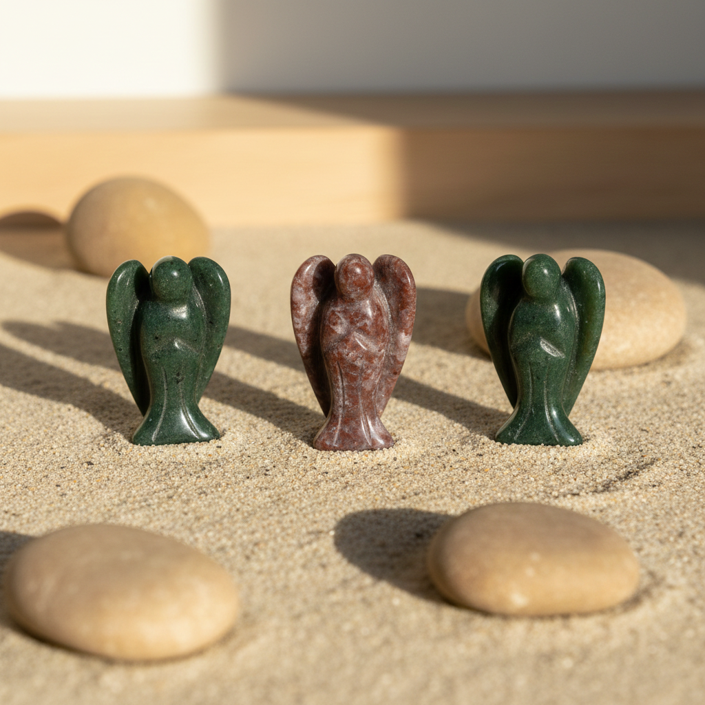 3 engelenbeeldjes van indiase agaat in het zand
