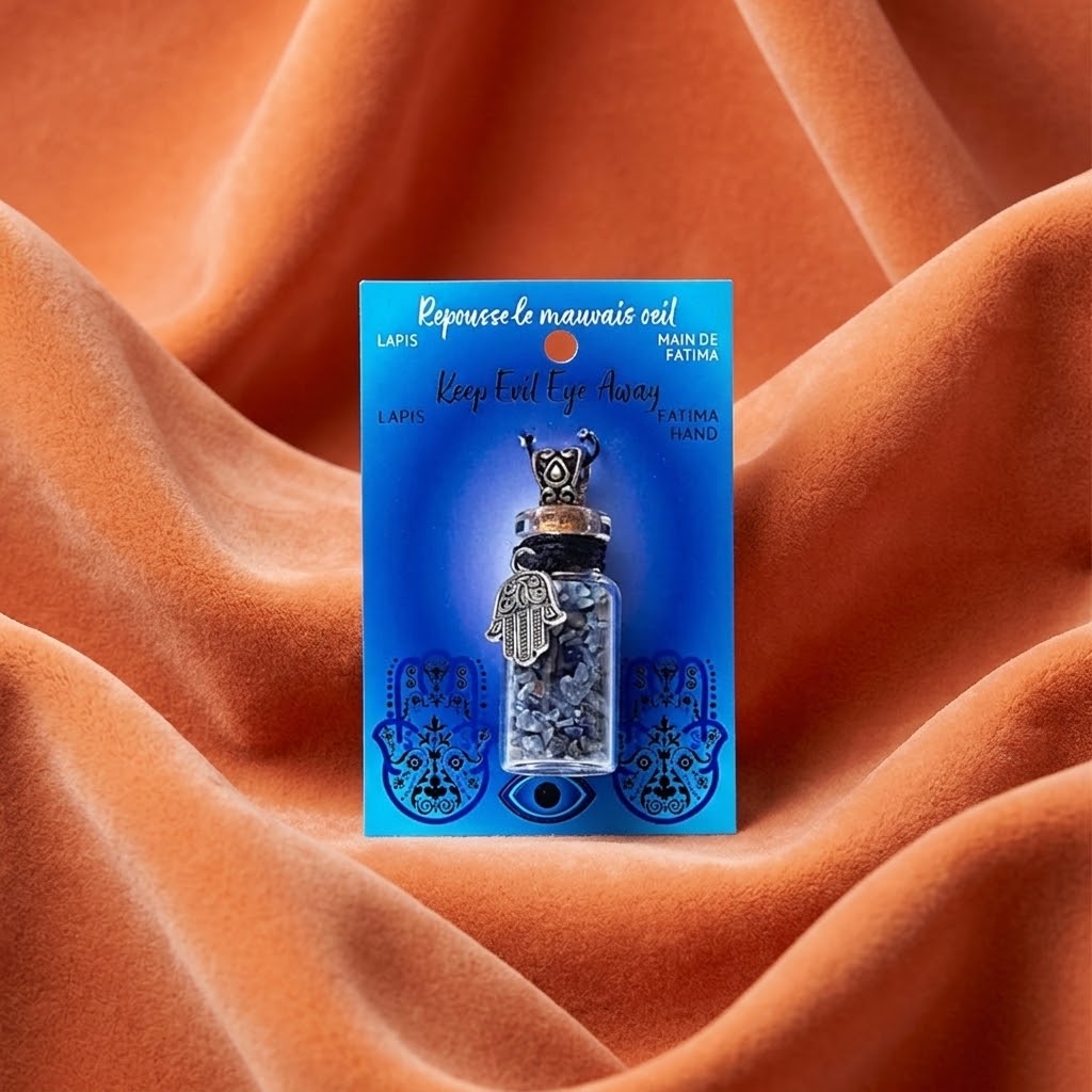 geschenkflesje met lapis lazuli op een velvet oranje doek