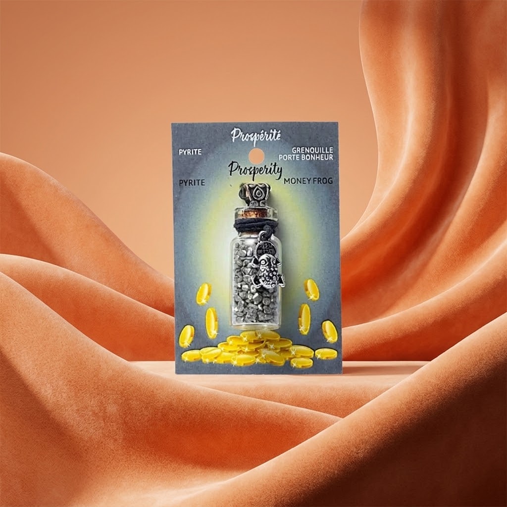 geschenkflesje met pyriet op een velvet oranje doek