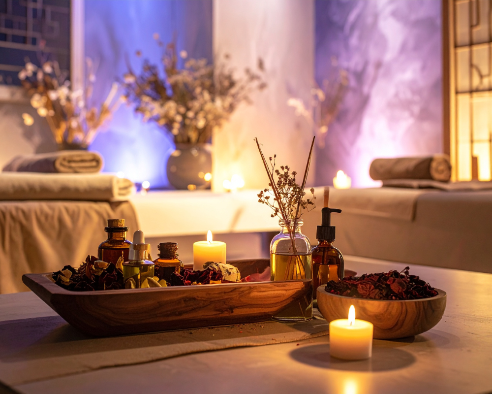 een setting met kaarsen, gedroogde bloemen, handdoeken en olien