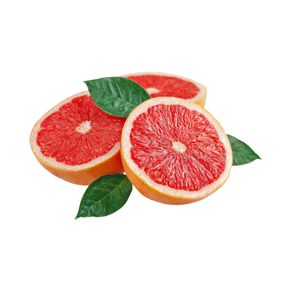 3 halve grapefruits met groene blaadjes