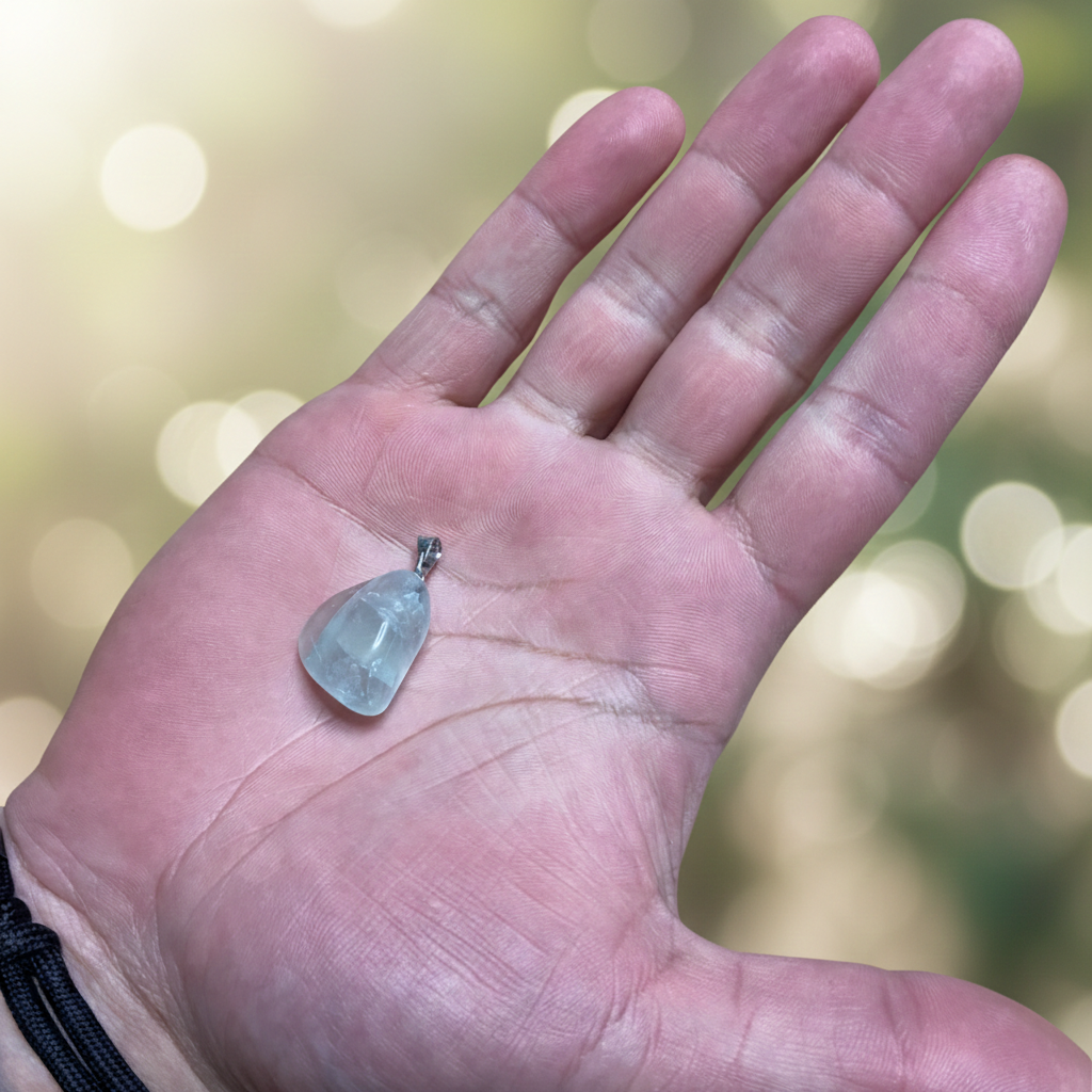Groene fluoriet edelsteenhanger – krachtige steen die hartchakra, emotionele balans en bescherming ondersteunt. op hand