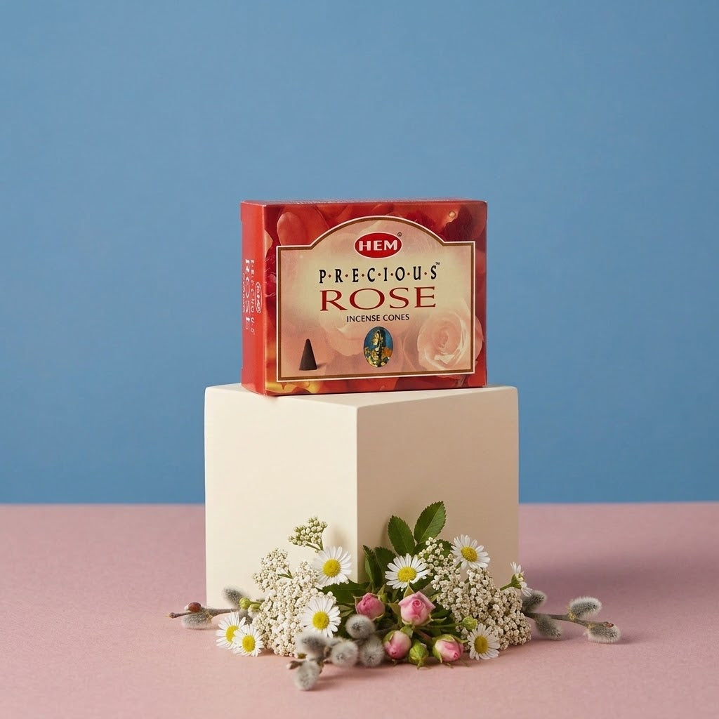 doosje Rose wierookkegels op een verhoog met bloemmetjes rond