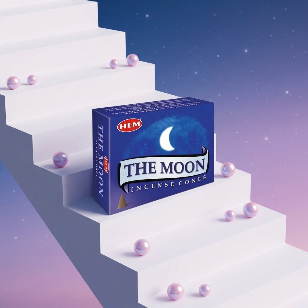 doosje The Moon wierookkegels op een trapje met pareltjes en nachtelijke achtergrond