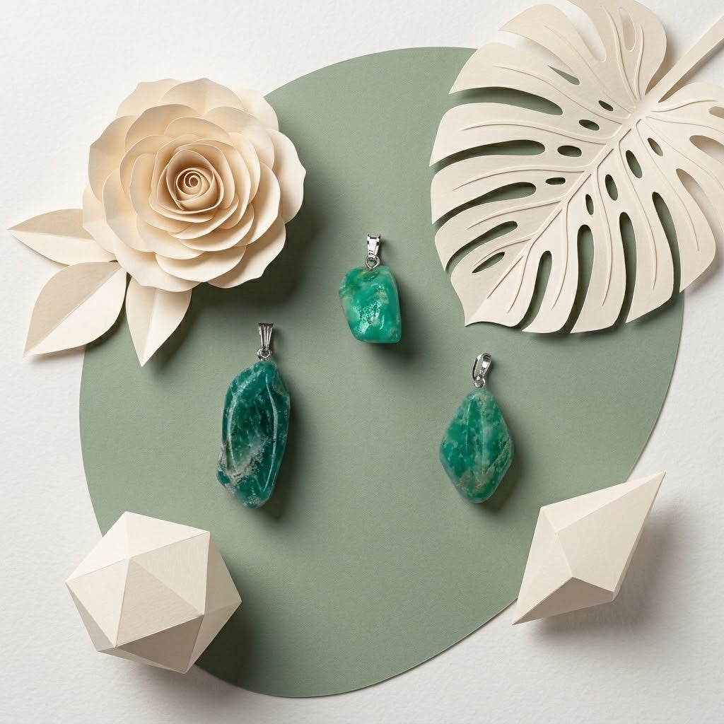amazoniet hangers op groene ondergrond met beige bloemknutsels