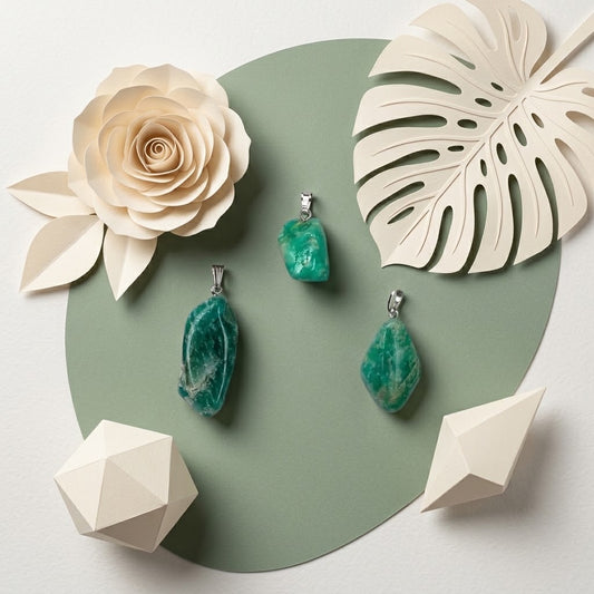amazoniet hangers op groene ondergrond met beige bloemknutsels