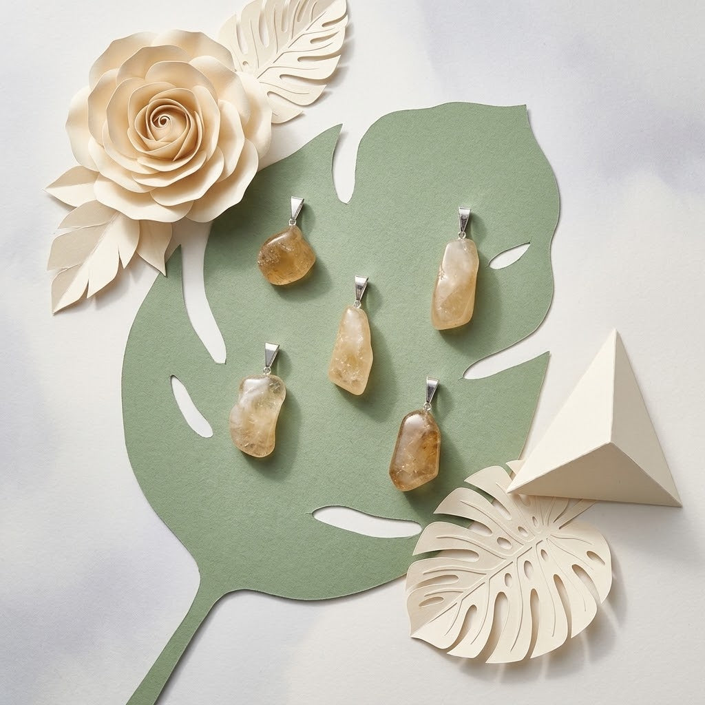 citrien hangers op groene ondergrond met beige bloemknutsels
