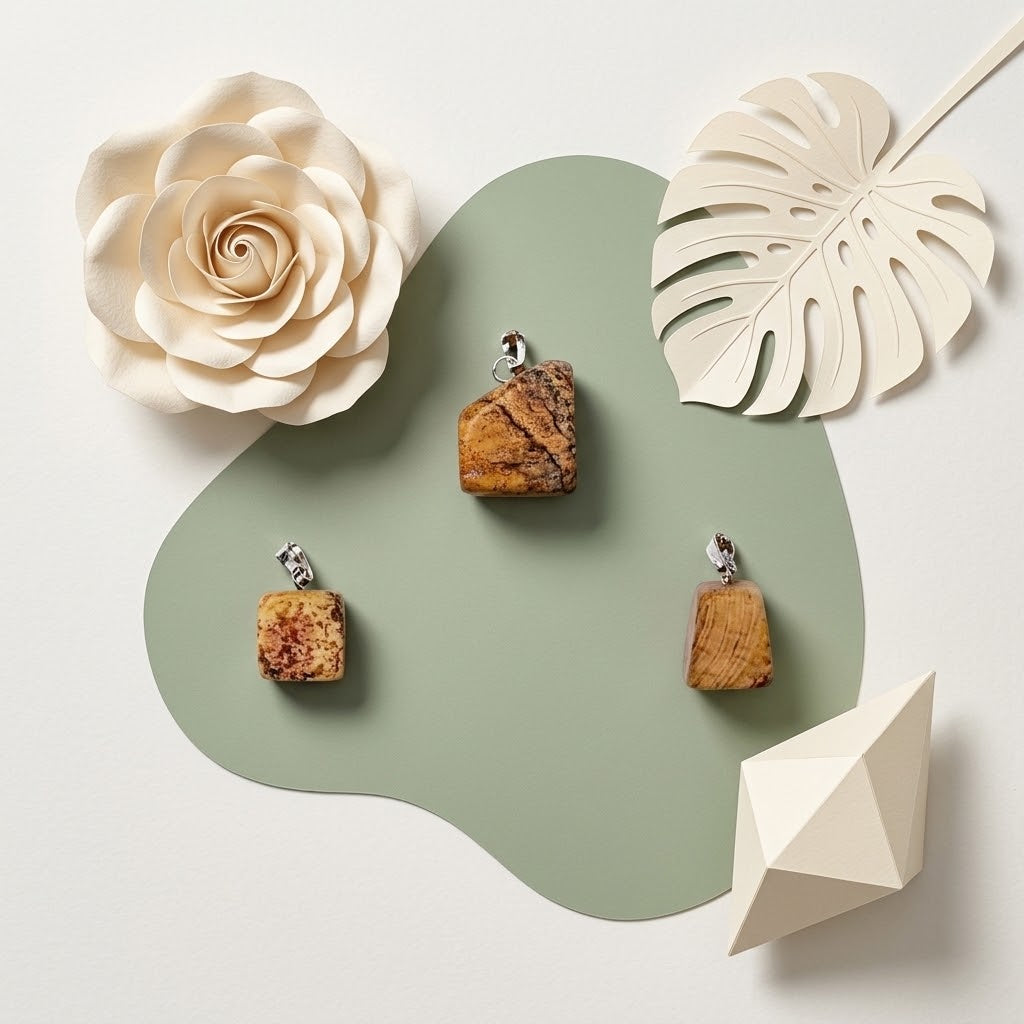 picture jaspis hangers op groene ondergrond met beige bloemknutsels