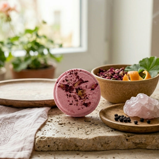Harmony Burst Shower Steamer met een rozenkwarts en zwarte peper ernaast op een stuk natuursteen