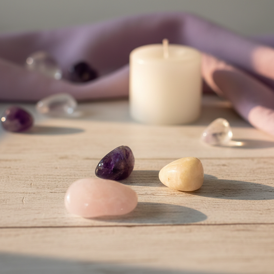 Set van drie trommelstenen – rozenkwarts, maansteen en amethist – kristallen bundel voor rust en balans