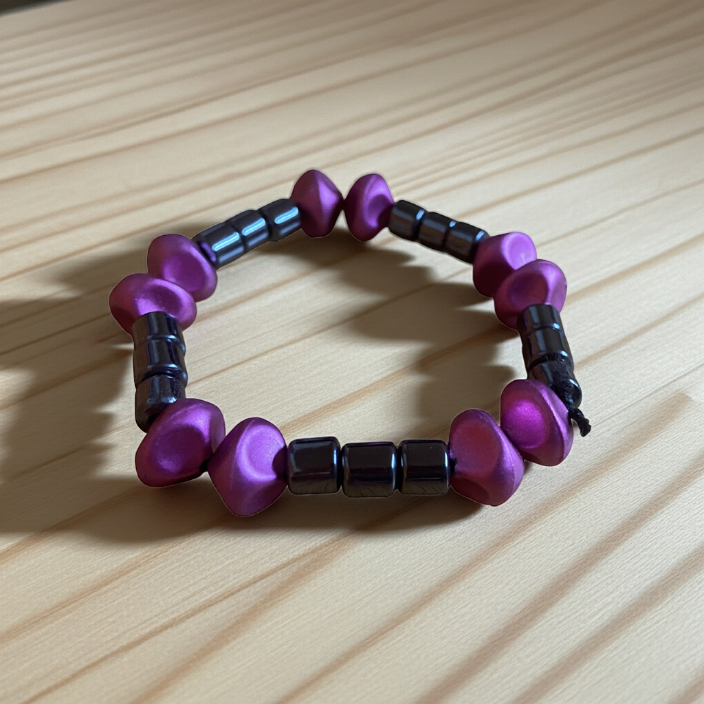 hematiet armband met roze fantasie op een houten plank