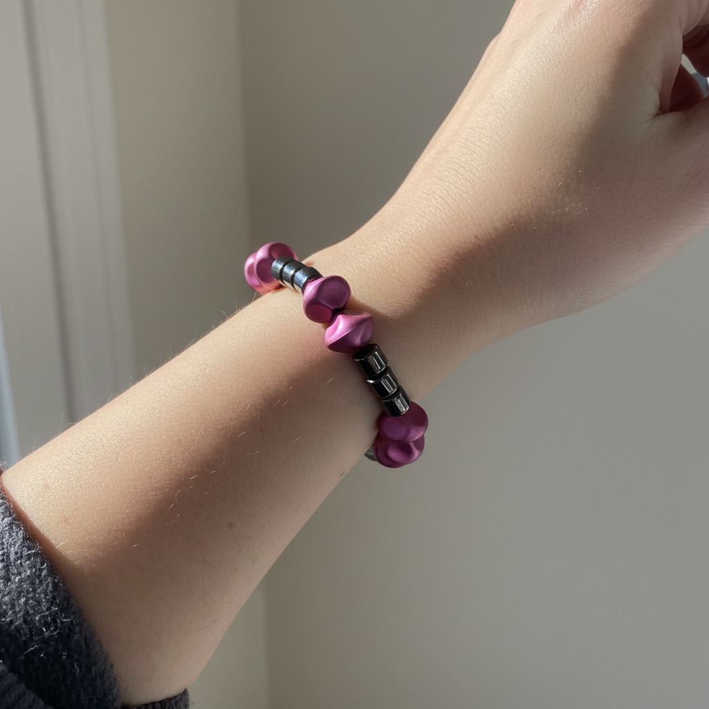 hematiet armband met roze fantasie aan de arm