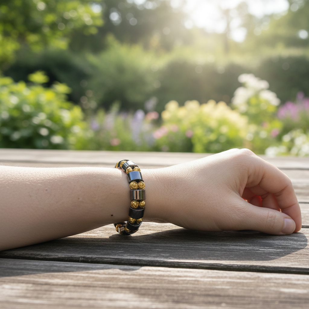 hematiet armband met goudkleurige rond de arm in een natuurlijke achtergrond