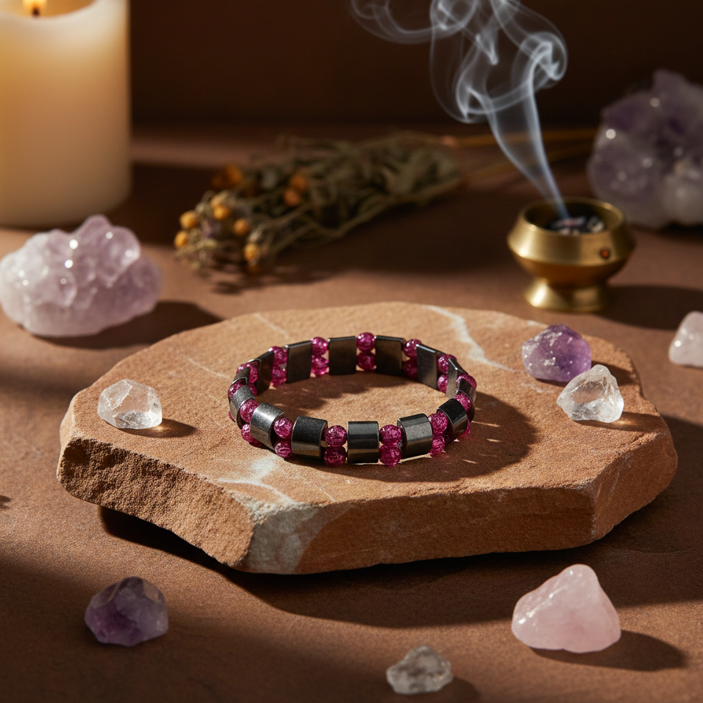 Elastische armband met hematiet en roze kralen in spirituele setting