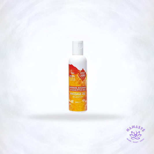 Holy Lama Ayurvedische massageolie Relaxation – natuurlijke olie met eucalyptus en basilicum in 100ml fles.