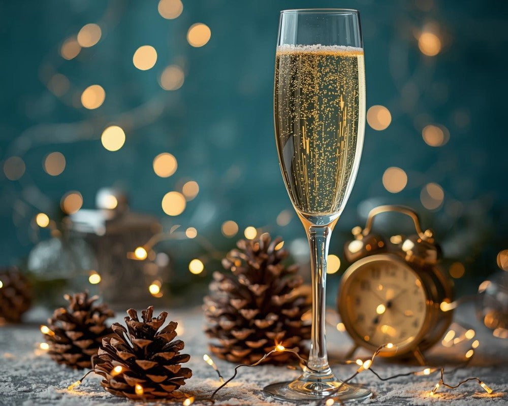 Januari sfeerbeeld met een glas champagne en denneappels