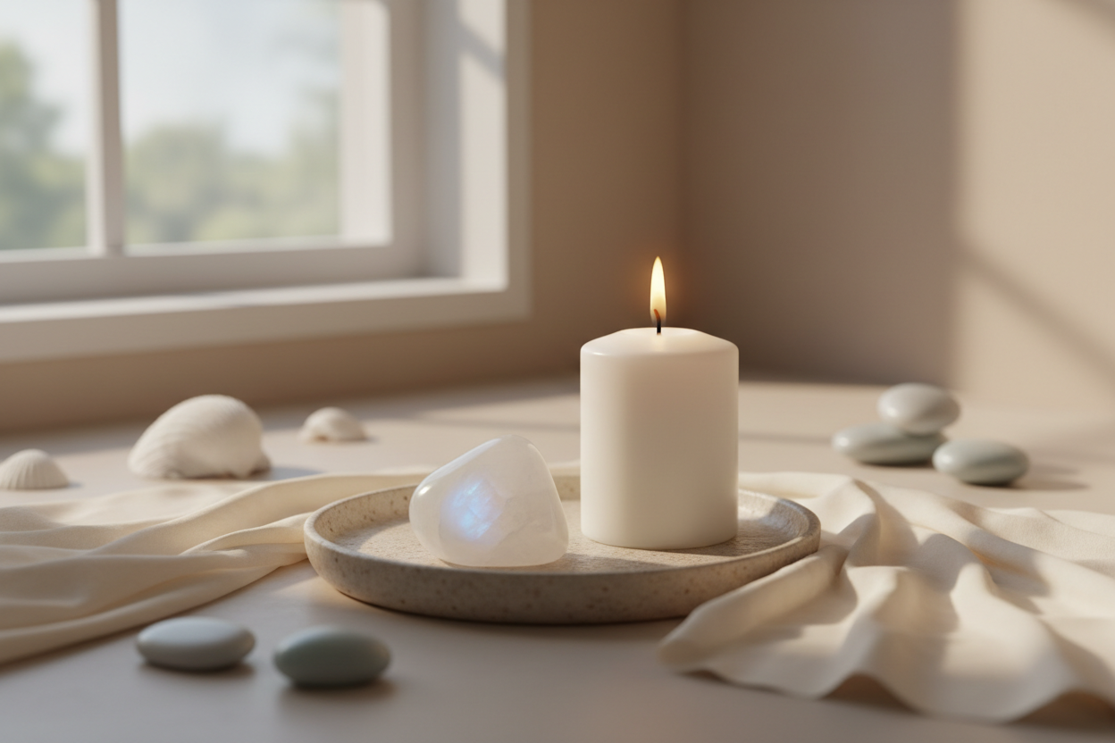A calm, nurturing ritual scene inspired by the zodiac sign Cancer.
Soft, diffused natural light with a warm and protective atmosphere.
A crystal associated with Cancer, such as moonstone or rose quartz, placed on a smooth stone or ceramic surface.
Gentle elements like a candle, soft fabric, or subtle shell details in the background, evoking a sense of home and safety.
Minimalistic, spiritual but grounded, no people visible.
Soft, soothing tones with hints of pearl white, muted blue and warm beige.