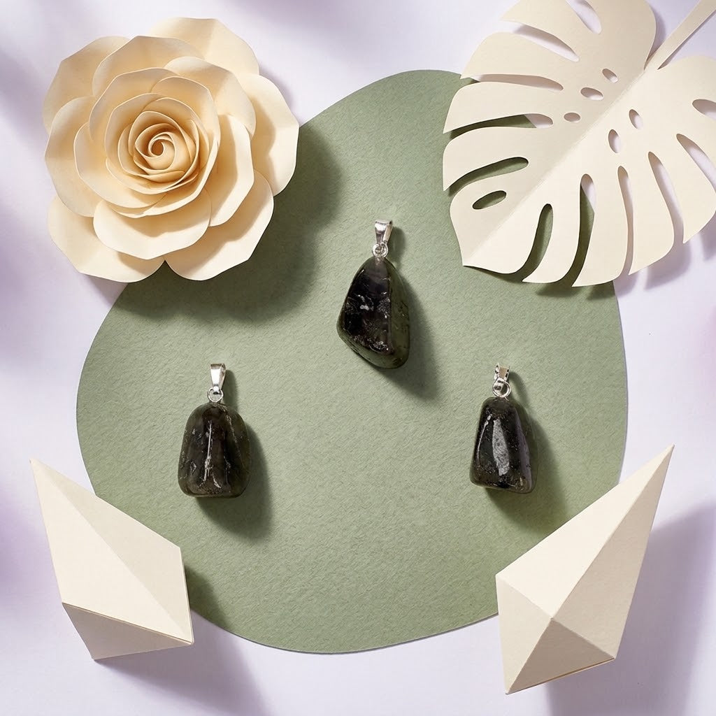 labradoriet hangers op groene ondergrond met beige bloemknutsels