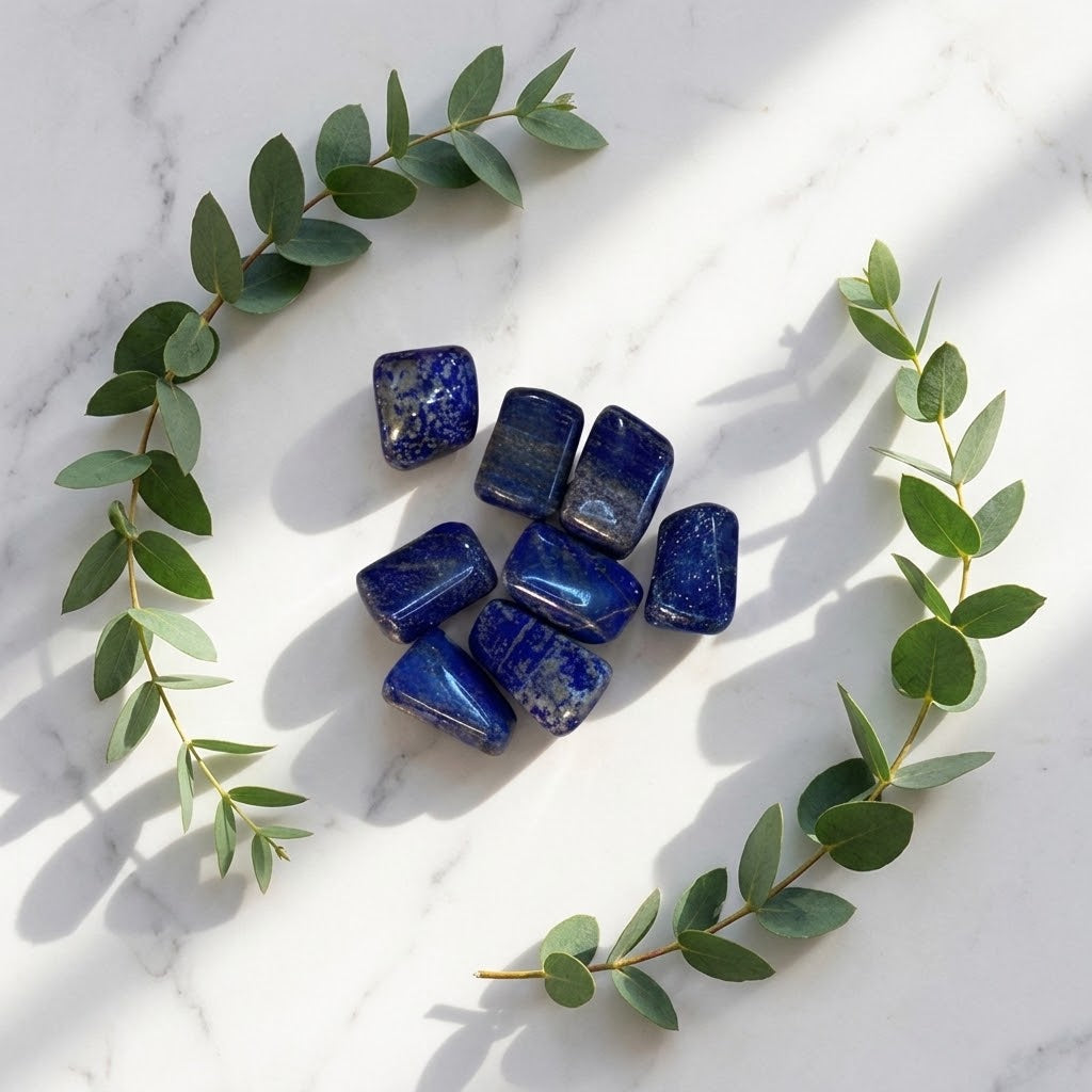 lapis lazuli trommelstenen op een marmeren ondergrond met eucalyptus rond