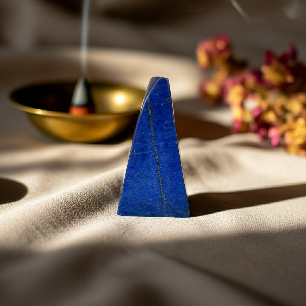 Lapis Lazuli met wierook en gedroogde bloemen vervaagd op de achtergrond 