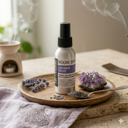 Zilveren Lavender Fields roomspray van Namasté op een mangohouten tray, omringd door een ruwe Amethist kristal en gedroogde lavendelbloemen.