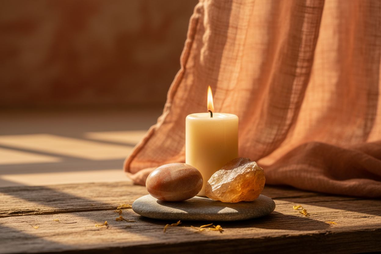 A warm, serene ritual scene inspired by the energy of Leo, without literal symbols.
Soft golden natural light creating a calm, confident and heart-centered atmosphere.
A sunstone or citrine crystal placed naturally on a stone or wooden surface.
Subtle elements like a candle, warm sunlight through linen fabric, or gentle shadows suggesting warmth and presence.
Minimalistic, spiritual but grounded, no people, no animals, no zodiac symbols.
Warm earthy tones with hints of gold, amber and soft terracotta.
High 