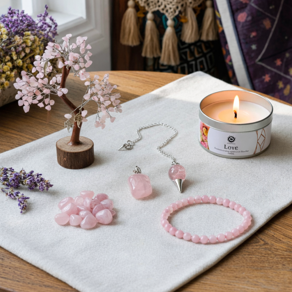 Liefde en Harmonie set met rozenkwarts: trommelstenen, hanger, armband, pendel, edelsteenboom en kaars op zachte ondergrond