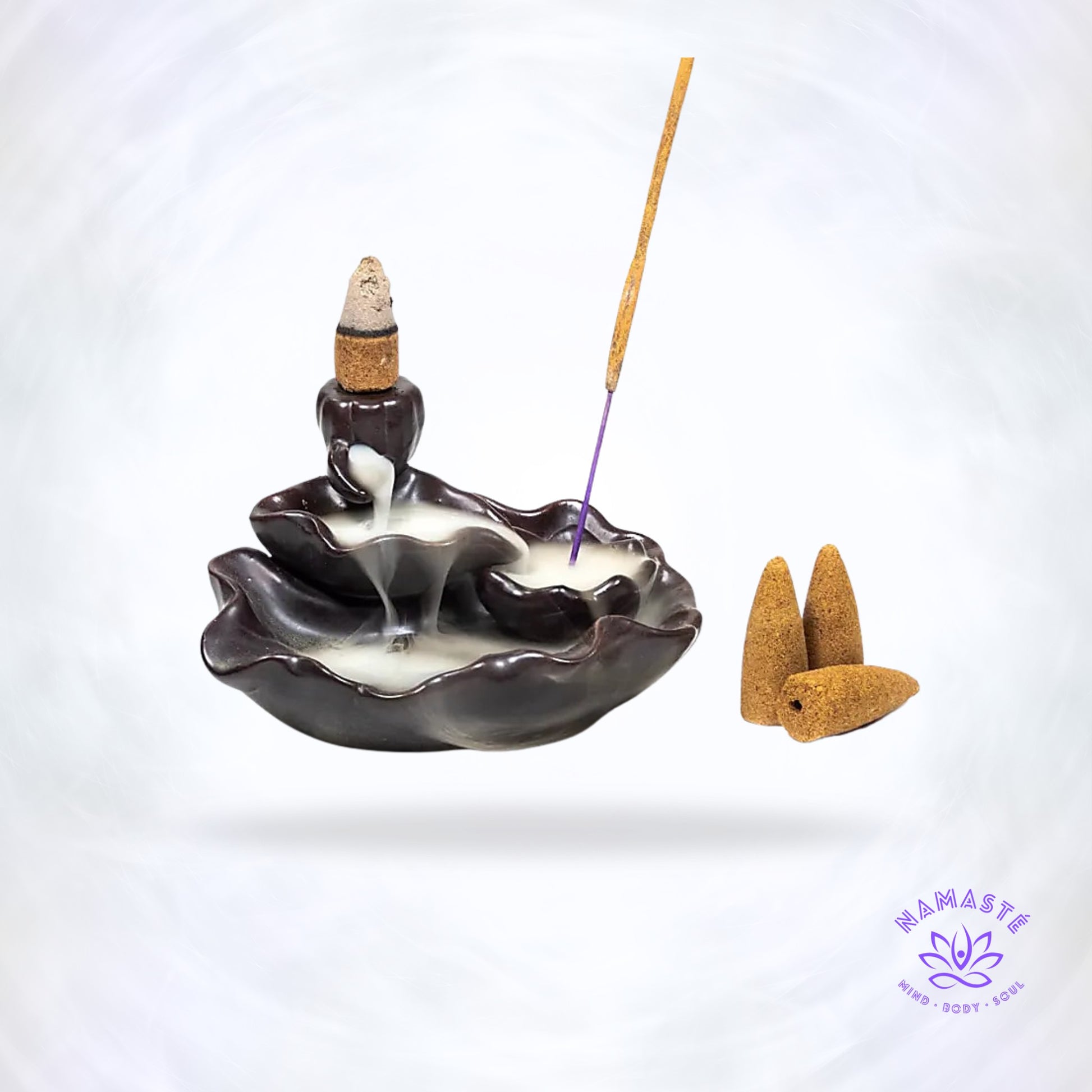 Backflow waterval wierookbrander Lotusvijver – sierlijke wierookbrander met rookwaterval en lotusdesign, symbool van zuiverheid en innerlijke rust.