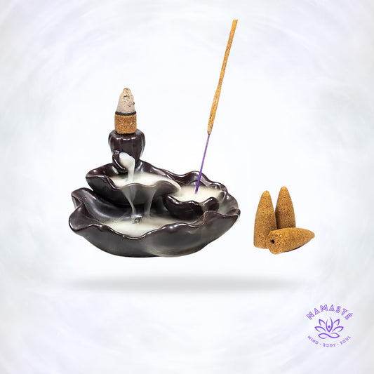 Backflow waterval wierookbrander Lotusvijver – sierlijke wierookbrander met rookwaterval en lotusdesign, symbool van zuiverheid en innerlijke rust.