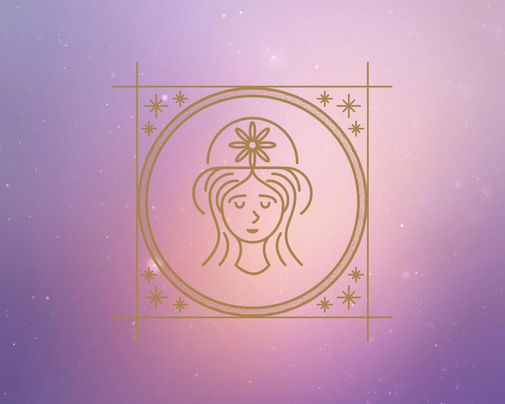 Zachte paars-rose achtergrond met het symbool voor Maagd