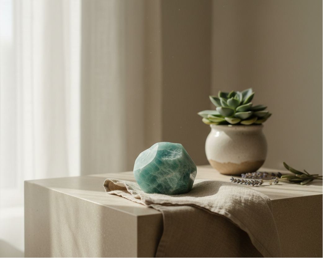 A calm, clean ritual scene inspired by the energy of Virgo.
Soft natural daylight, fresh and serene atmosphere.
An amazonite or fluorite crystal on a light stone or wooden surface.
Minimal elements like linen, a small plant or simple ceramics in the background.
Minimalistic, spiritual but grounded, no people, no animals, no zodiac symbols.
Soft earthy tones with sage green, beige and off-white.
High quality, realistic photography style, clean and balanced mood.
