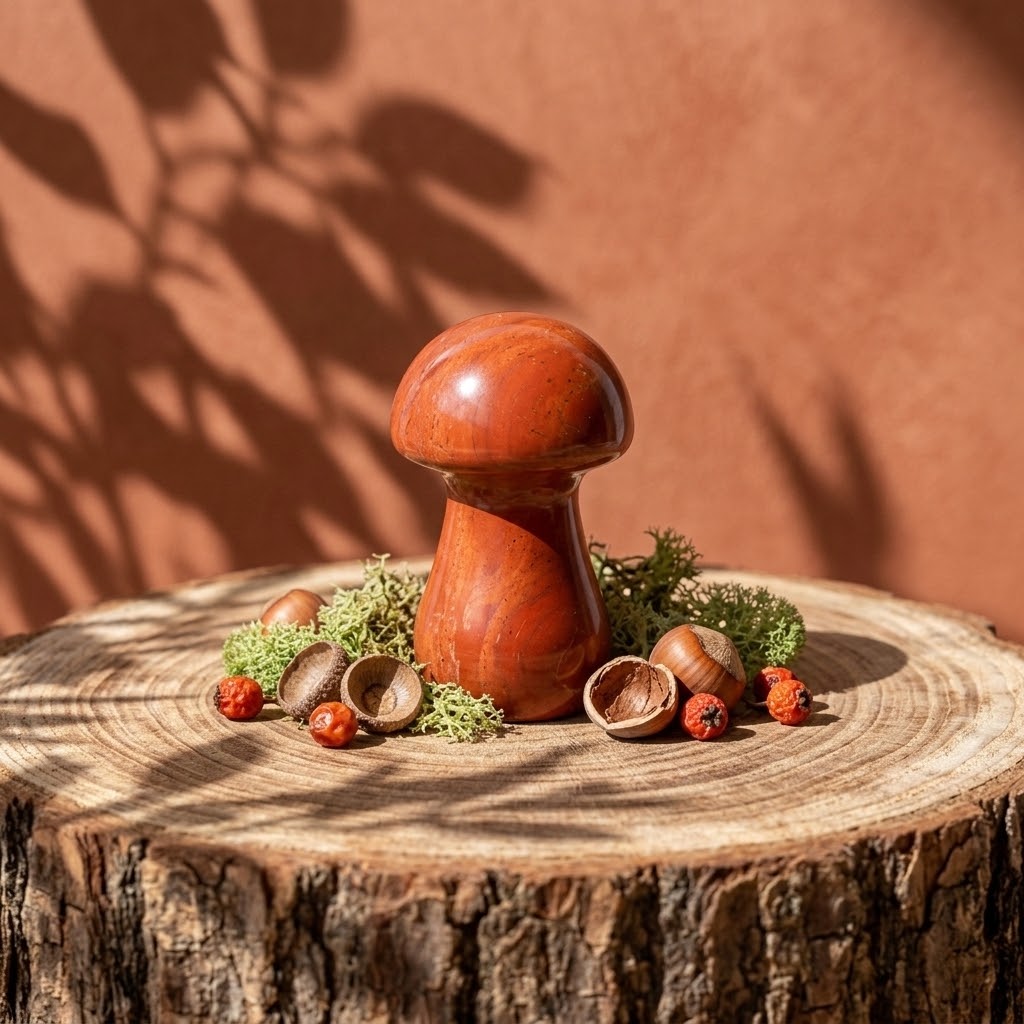 rode jaspis paddestoel op een houten stam met wat noten en mos