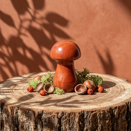 rode jaspis paddestoel op een houten stam met wat noten en mos