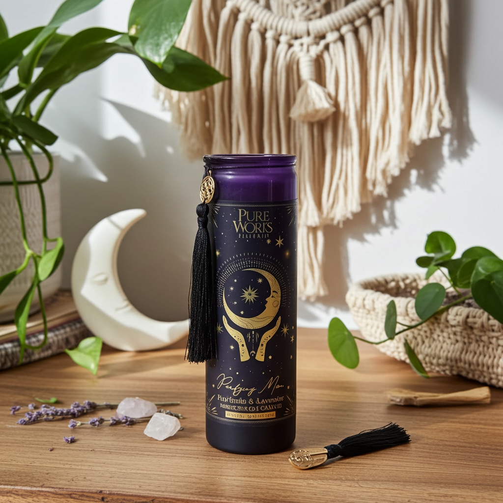 Foto van een paarse manifestatiekaars Purifying Moon met lavendel en palo santo, staand op een houten tafel in een rustige boho-setting