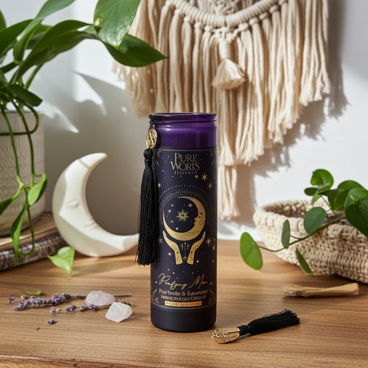 Foto van een paarse manifestatiekaars Purifying Moon met lavendel en palo santo, staand op een houten tafel in een rustige boho-setting