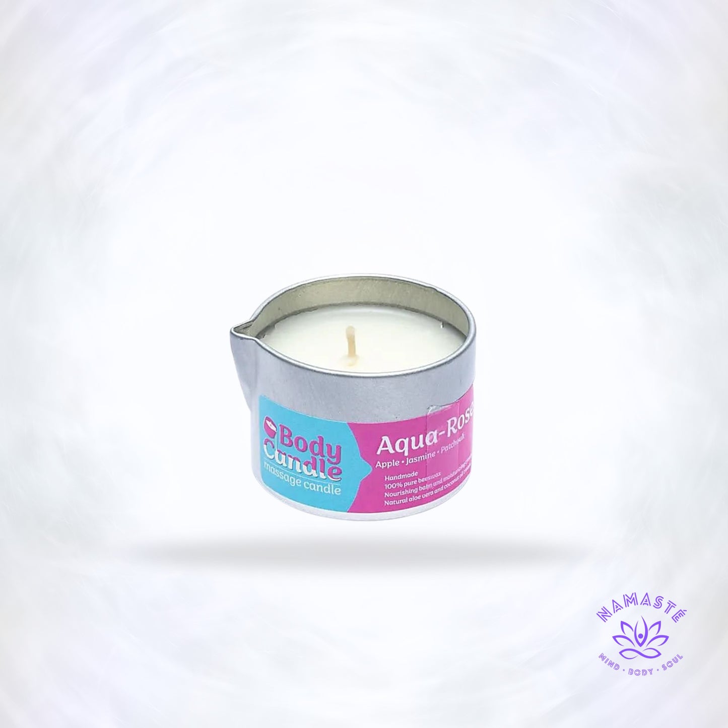 Massagekaars Aqua Rose in aluminium pot – smelt tot warme massageolie met frisse bloemengeur.