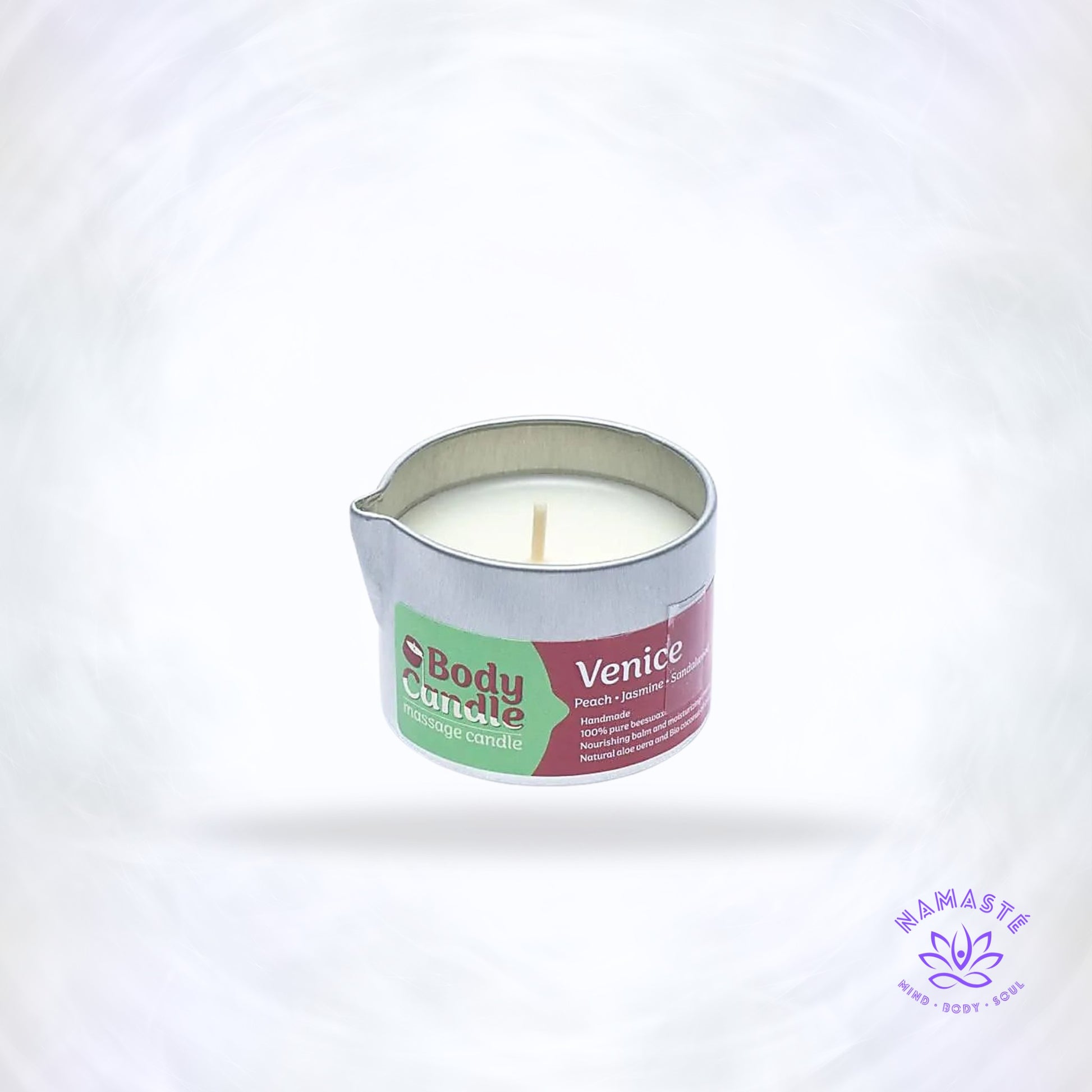 Massagekaars in aluminium pot – smelt tot warme verzorgende massageolie met zachte romantische geur.