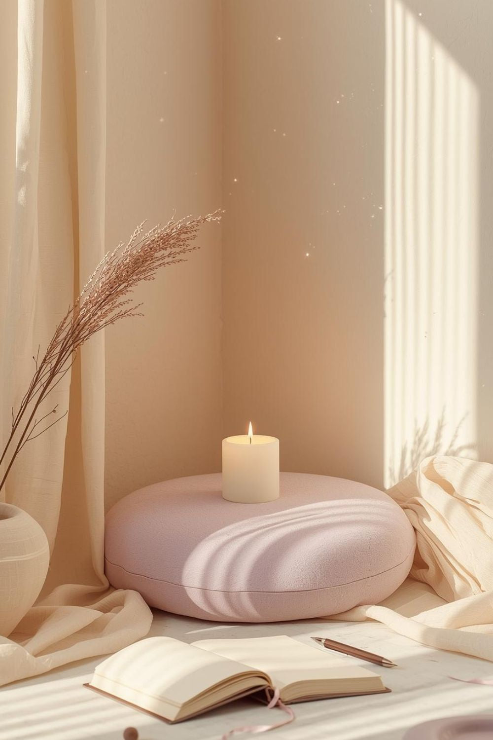 een meditatiehoekje met meditatiekussen , kaars en schrift