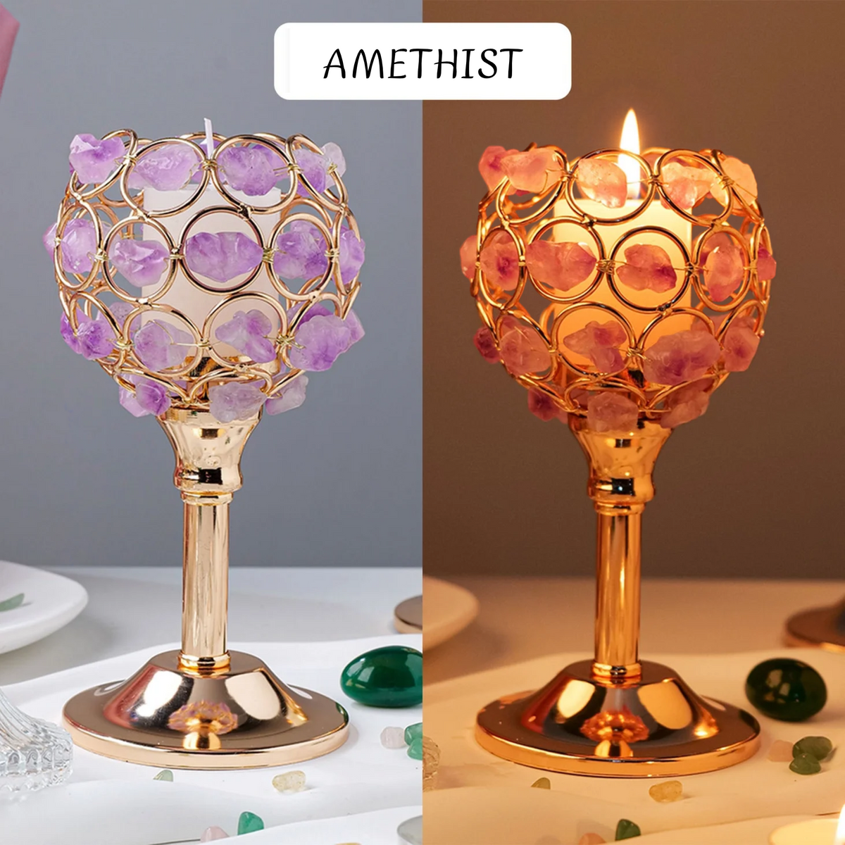 Luxe Edelsteen Cluster Kandelaar – Ruwe Fluoriet of Amethist