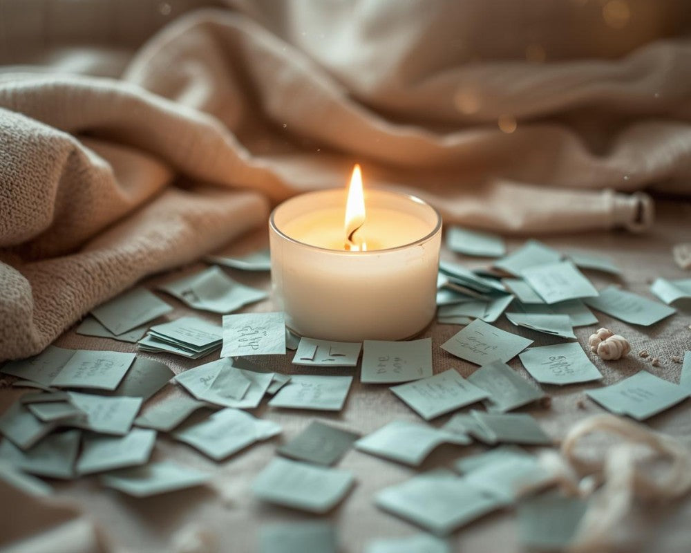 Brandende kaars tussen briefjes als symbool voor een druk hoofd dat tot rust komt met meditatie.