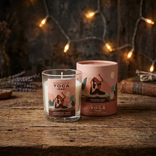 celestial sage kaars op een rustieke houten tafel met sfeerlichtjes in de achtergrond
