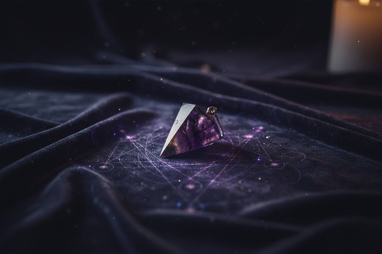 Mystieke pendel van amethist op donkere stof met subtiele lichtlijnen en heilige geometrie, sfeervol en intuïtief beeld dat pendelen en innerlijk weten symboliseert