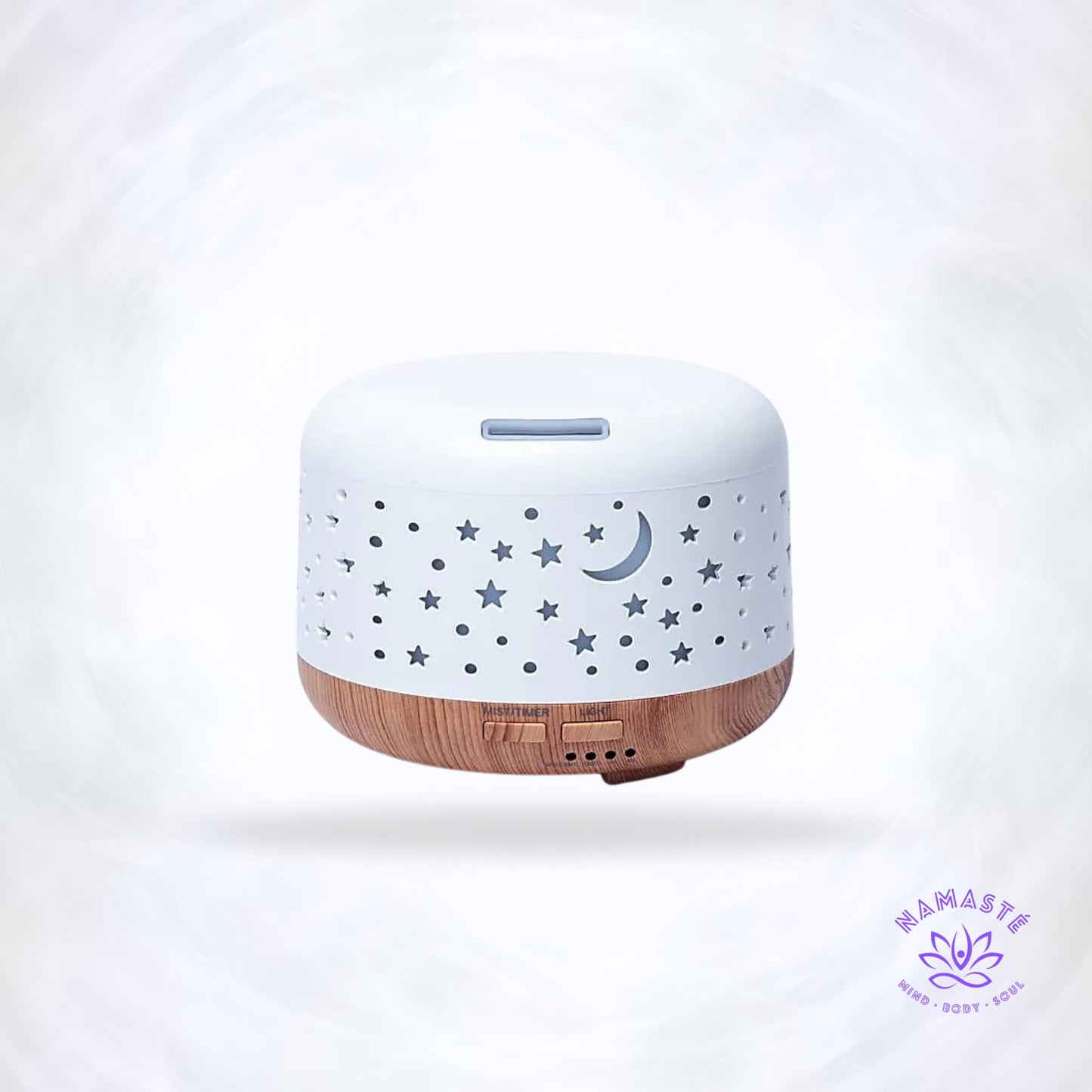 Aroma diffuser Nebula rond – wit met houtmotief, ultrasoon systeem dat etherische oliën vernevelt voor rust, wellness en natuurlijke geurverspreiding.