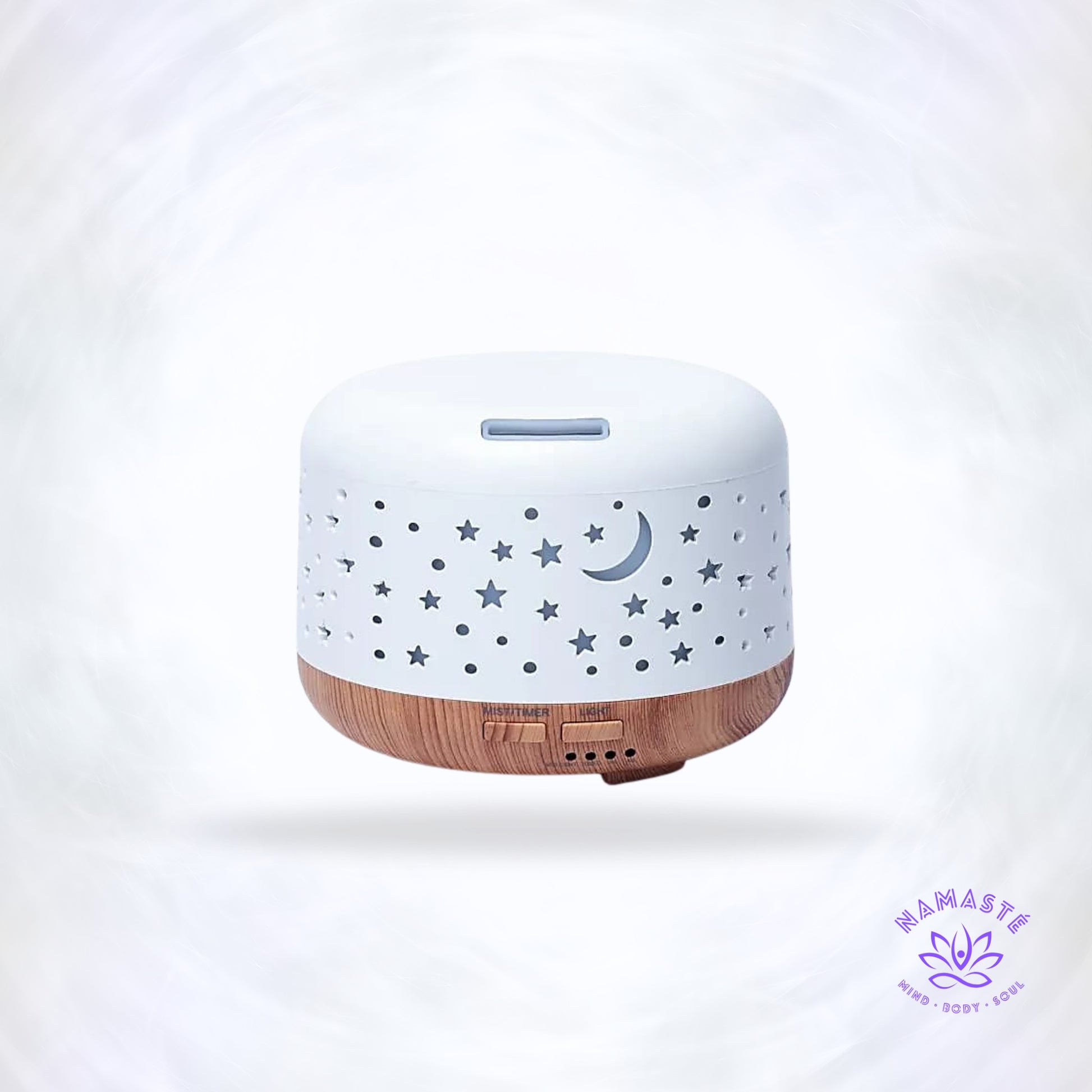 Aroma diffuser Nebula rond – wit met houtmotief, ultrasoon systeem dat etherische oliën vernevelt voor rust, wellness en natuurlijke geurverspreiding.