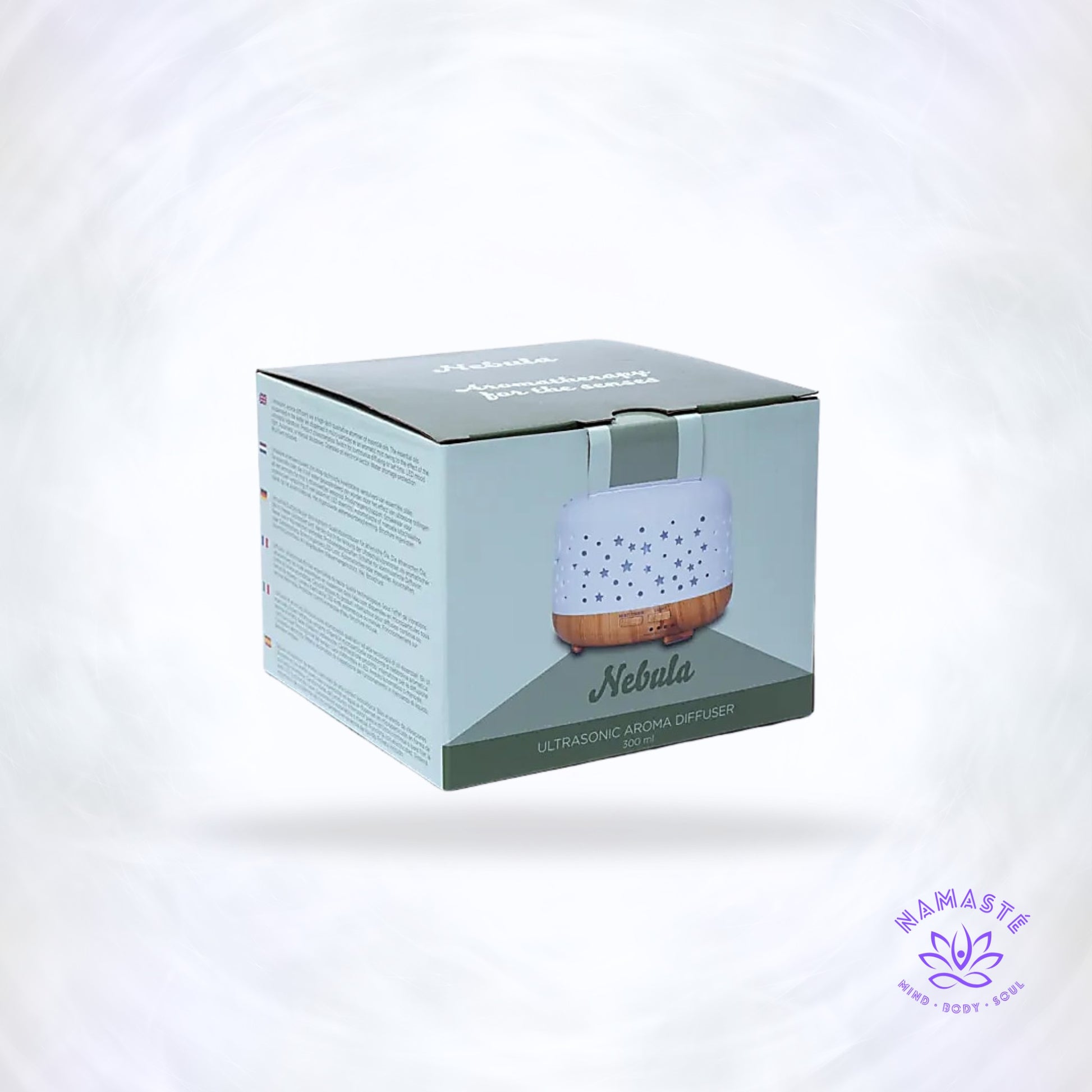 Aroma diffuser Nebula rond – wit met houtmotief, ultrasoon systeem dat etherische oliën vernevelt voor rust, wellness en natuurlijke geurverspreiding.