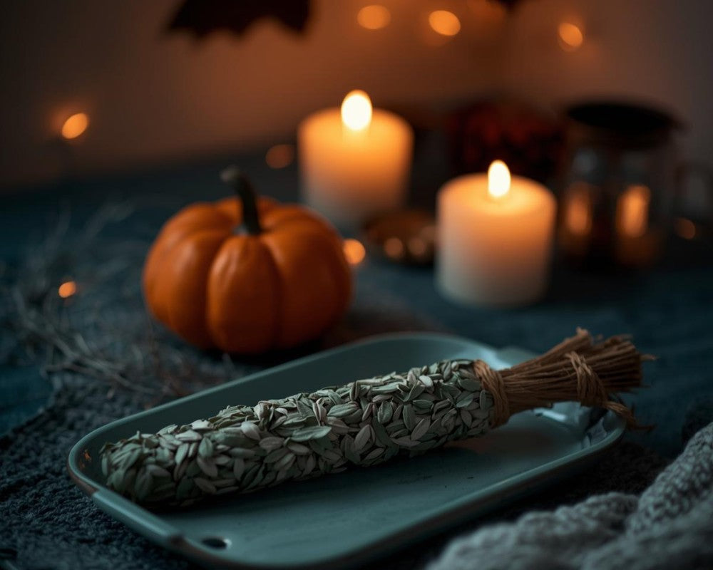 Oktober sfeerbeeld met smudge, mini pompoen en kaarsen
